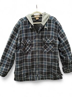 Vintage c.e. Schmidt Men's Hooded Quilted Plaid Jacket in Blue & Gray